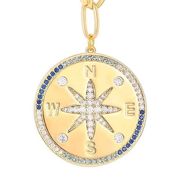 18K Gold Moon Star Lion Evil Eye Pendant Necklace Medallion Paperclip Chain - Picture 4 of 5